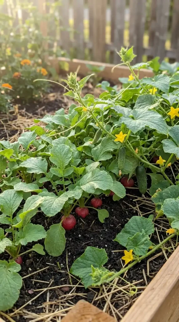 Cucumbers and radishes growing