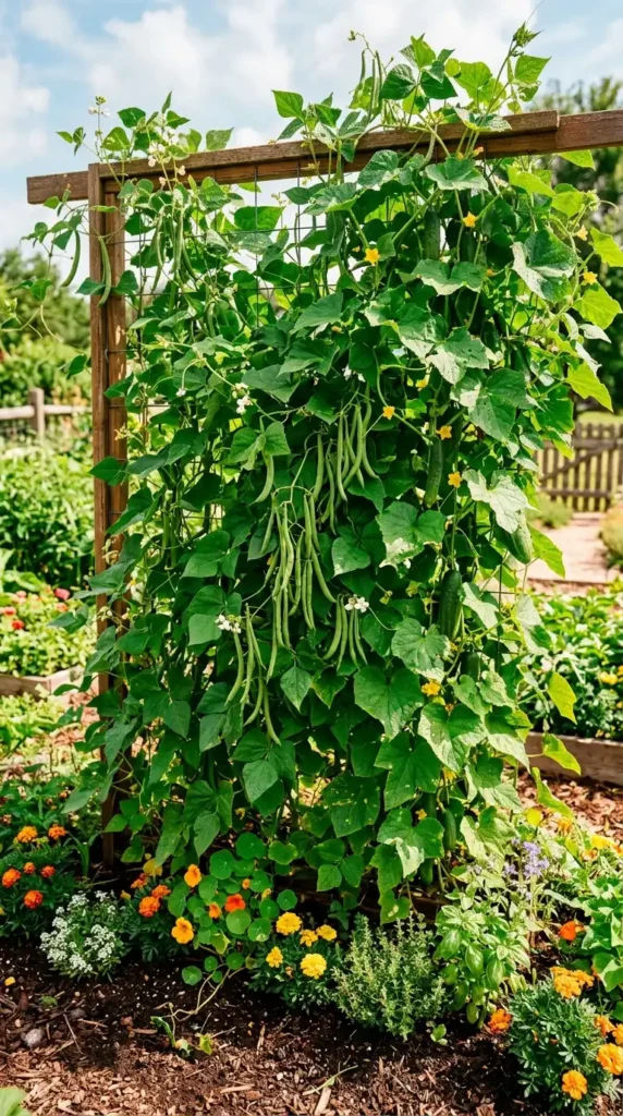 Cucumbers beans on trellis
