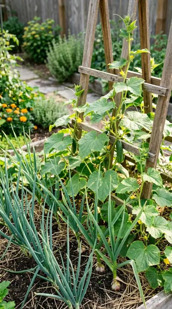 Cucumbers growing near onions