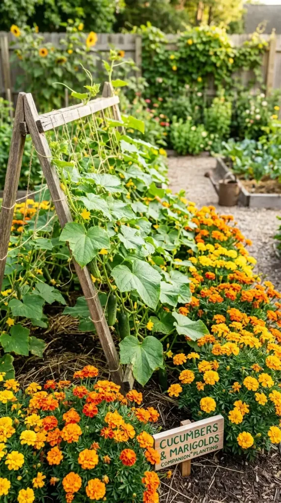 Cucumbers with marigolds garden