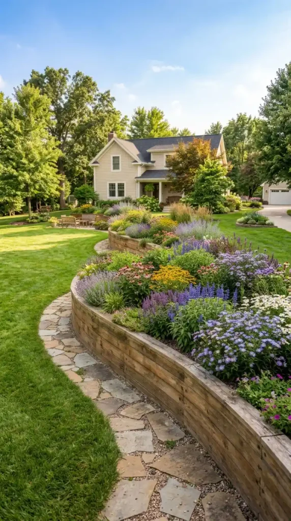 Curved wood retaining wall garden