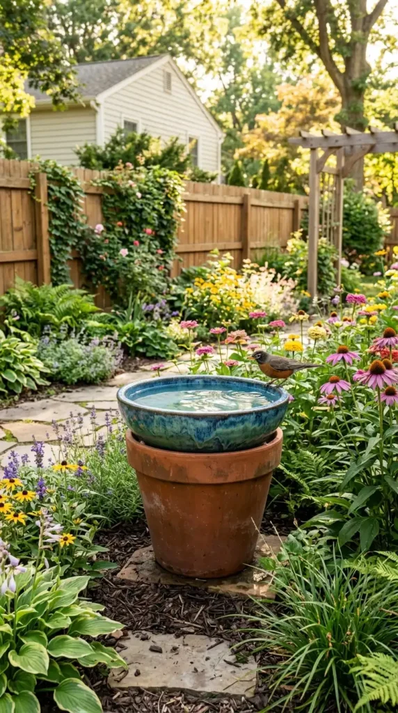 DIY bird bath in backyard
