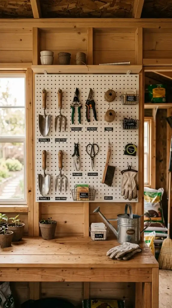 DIY garden tool storage pegboard