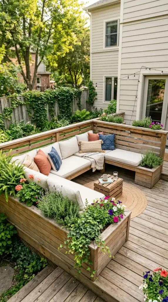 Deck with built-in benches planters