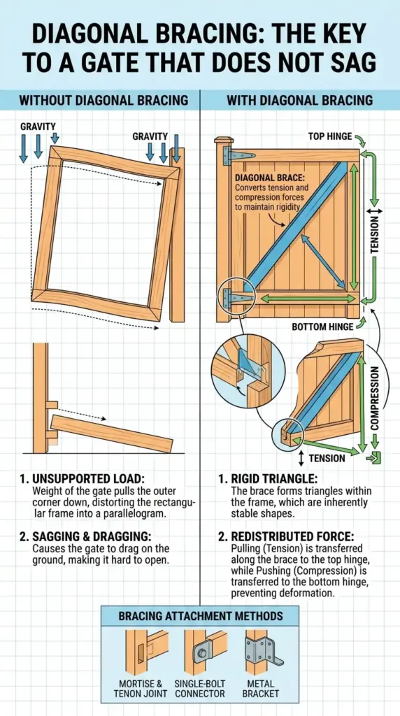 Diagonal bracing prevents sagging