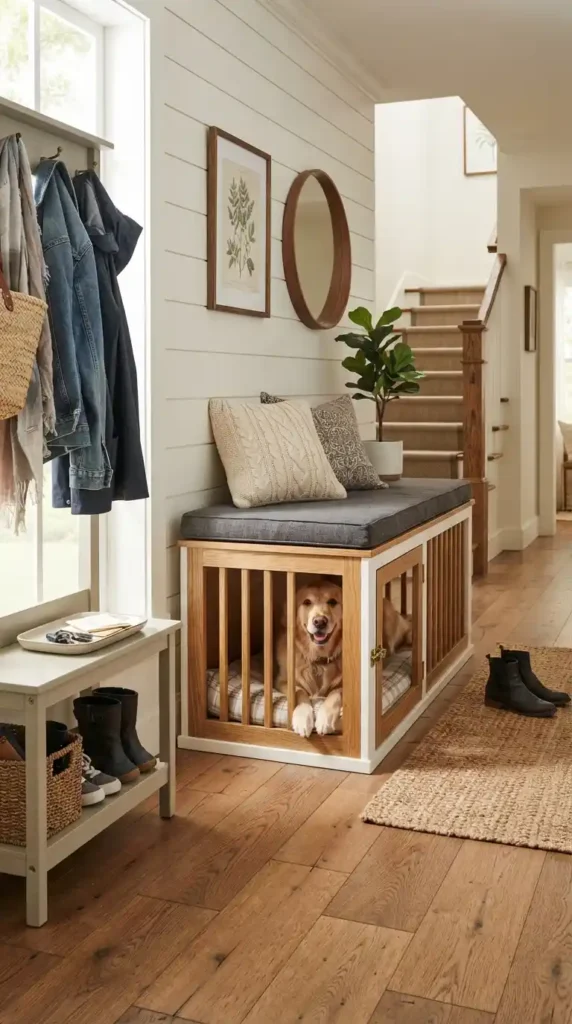 Dog crate furniture bench entryway