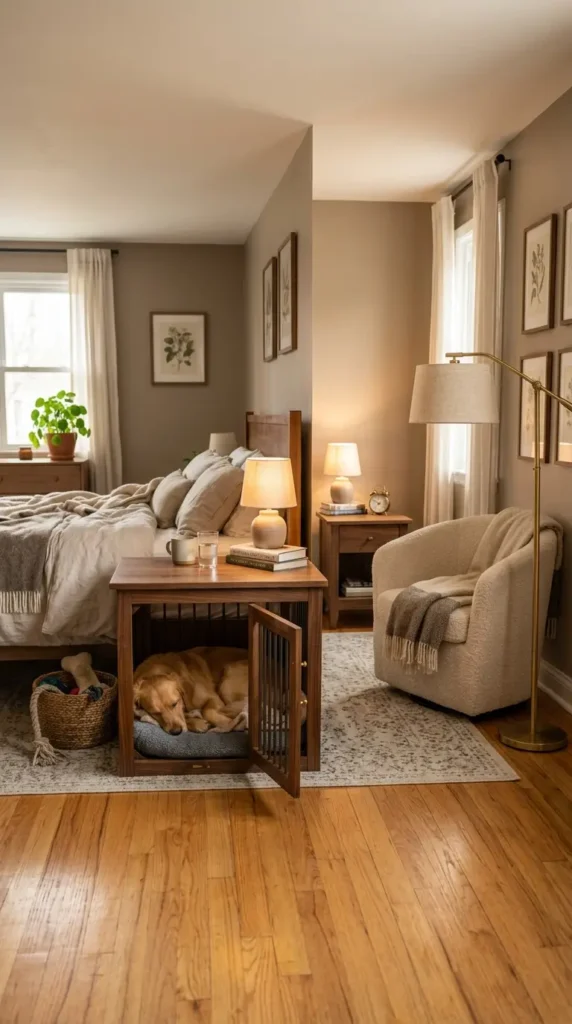Dog crate nightstand in bedroom