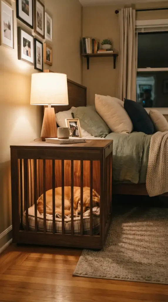 Dog crate nightstand in bedroom