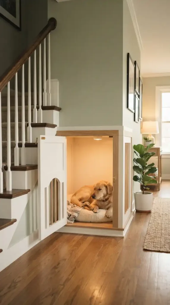 Dog crate under stairs