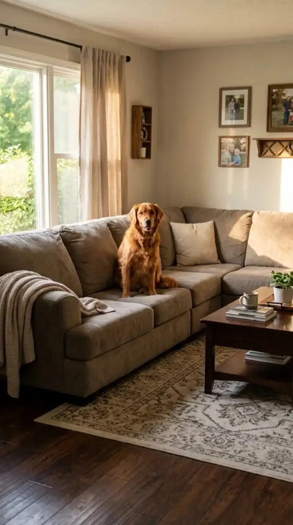 Dog on microfiber couch