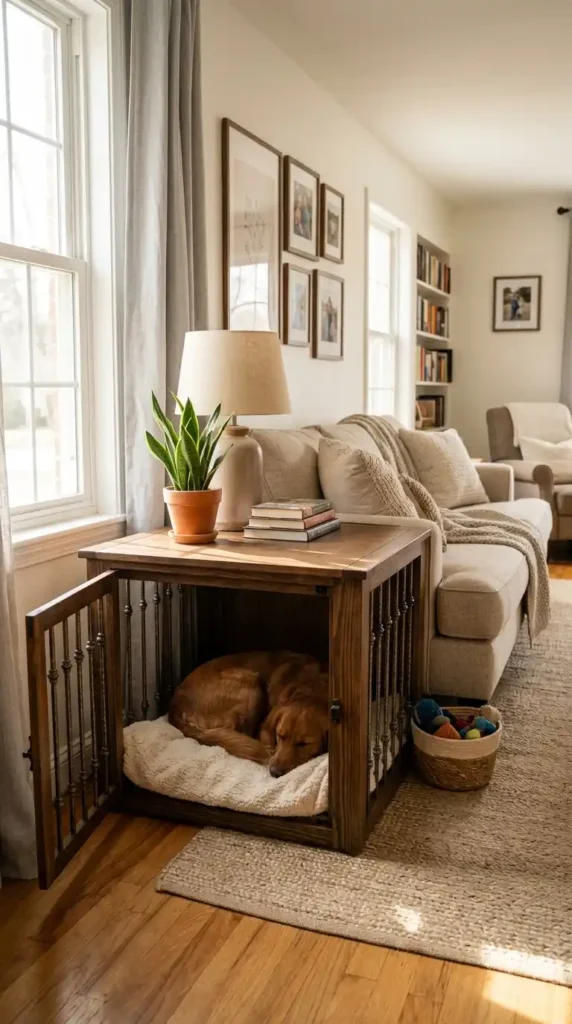 Dog resting in crate furniture