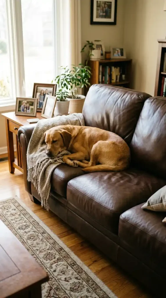 Dog resting on leather couch