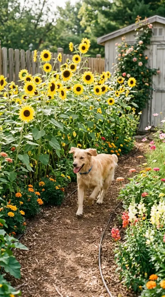 Dog running in sunflower garden