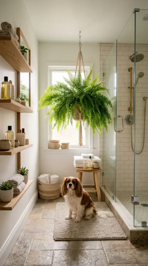 Dog sitting in bathroom