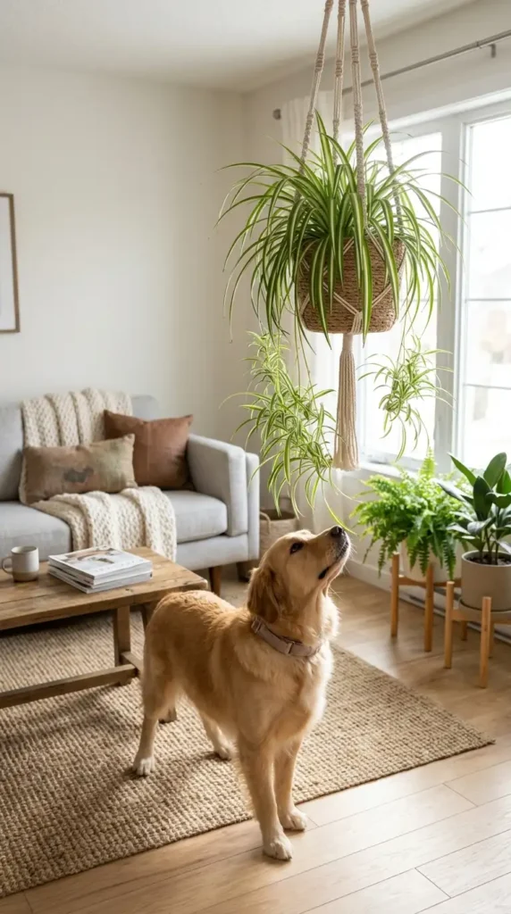 Dog sniffing spider plant