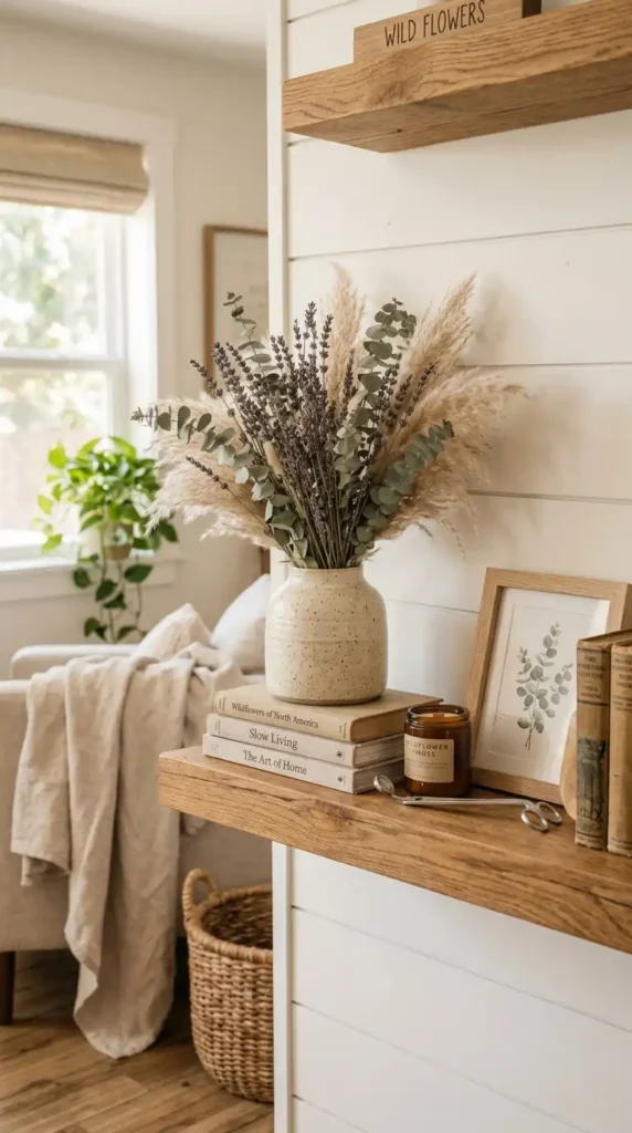 Dried flower arrangement on shelf