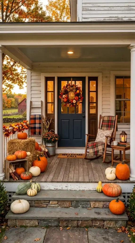 Farmhouse porch fall decor pumpkins
