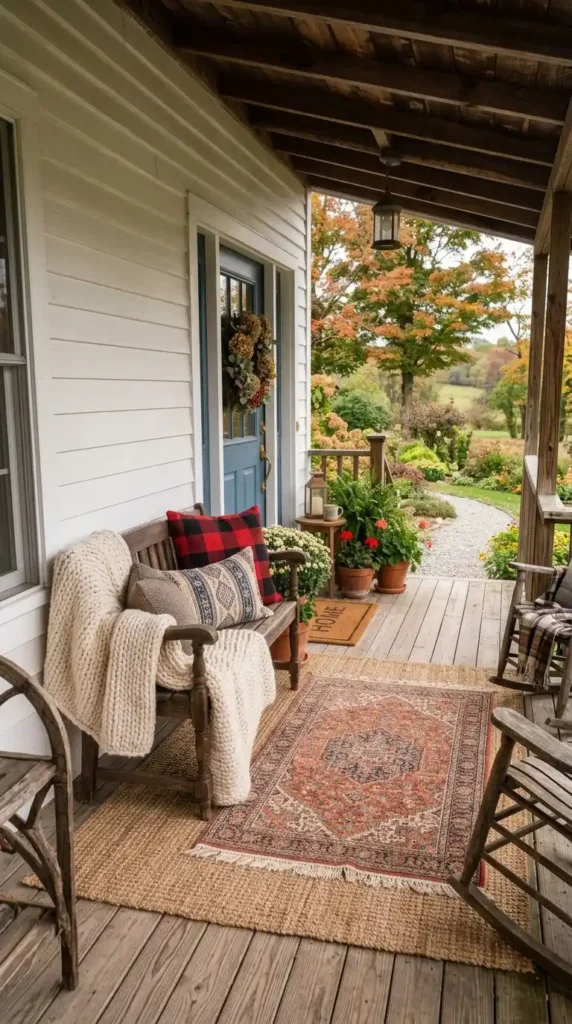 Farmhouse porch layered rugs