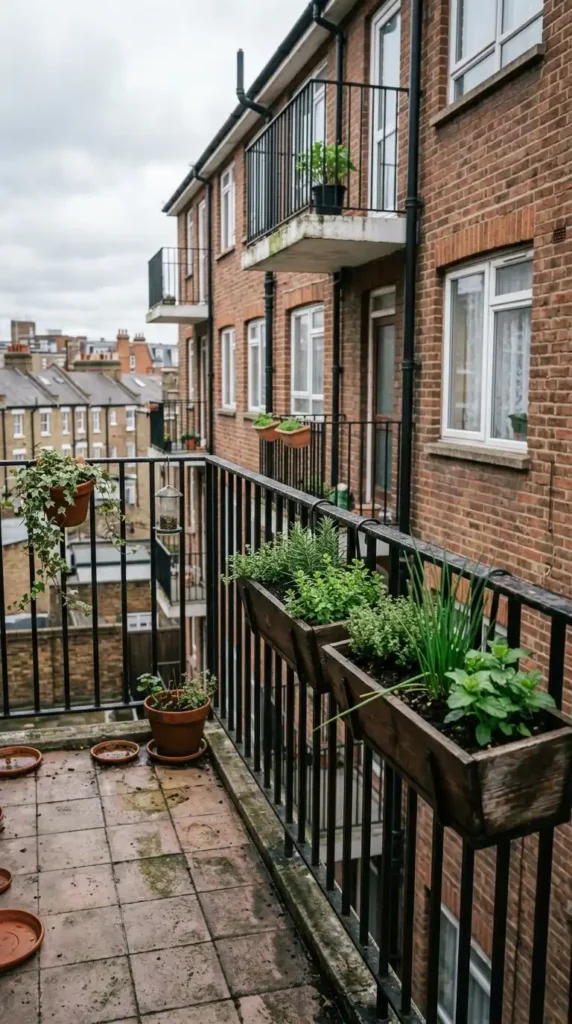 Flat balcony railing with planters