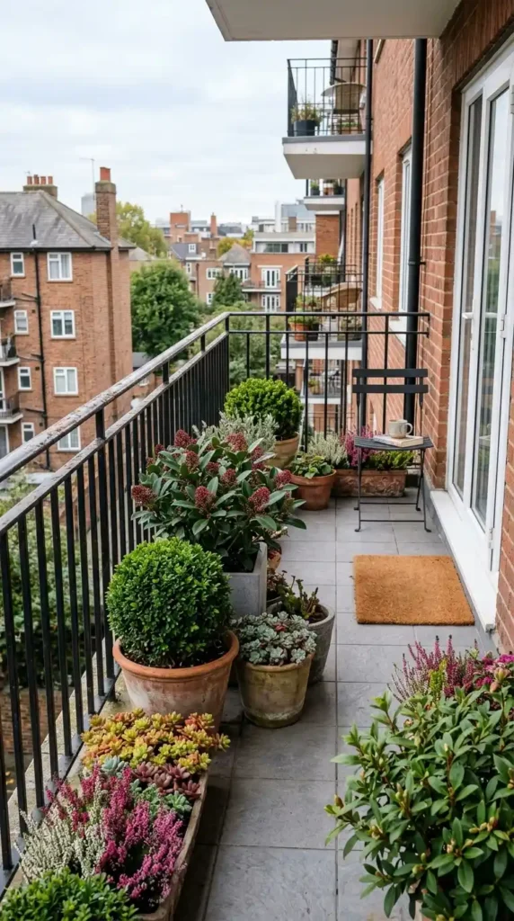 Flat balcony with evergreen shrubs