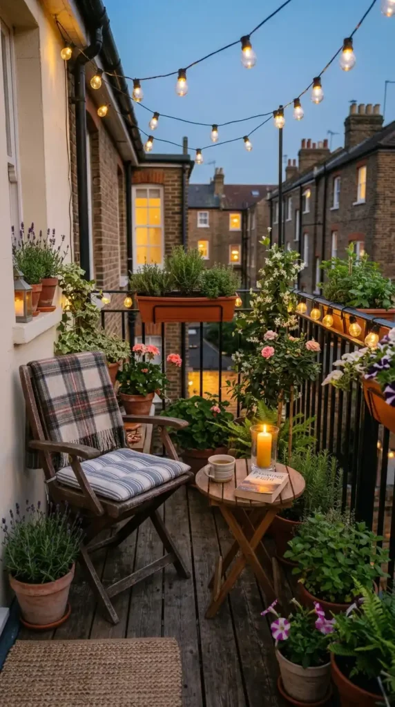 Flat balcony with string lights