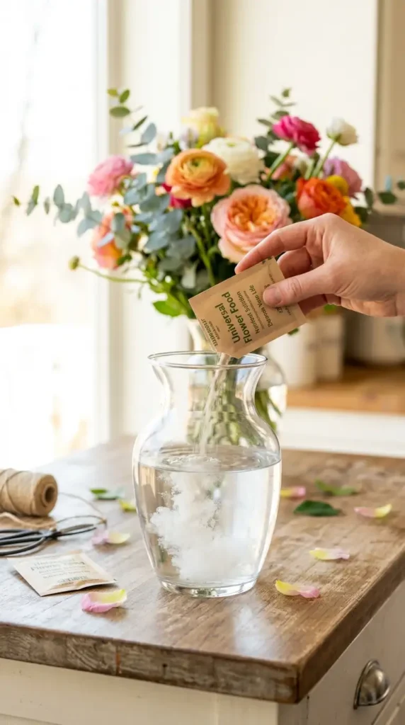 Flower food packet poured vase