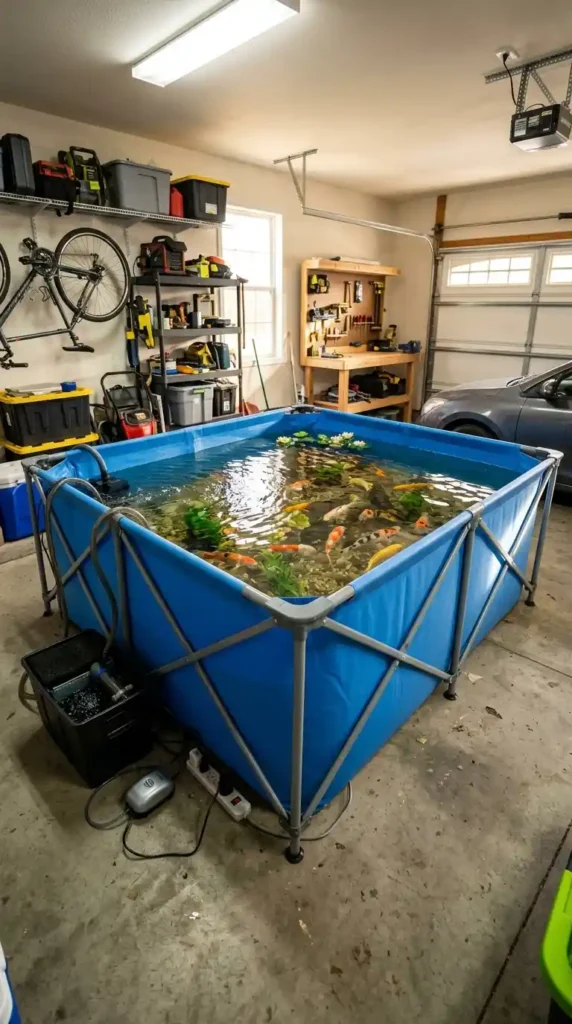 Foldable PVC pond with koi