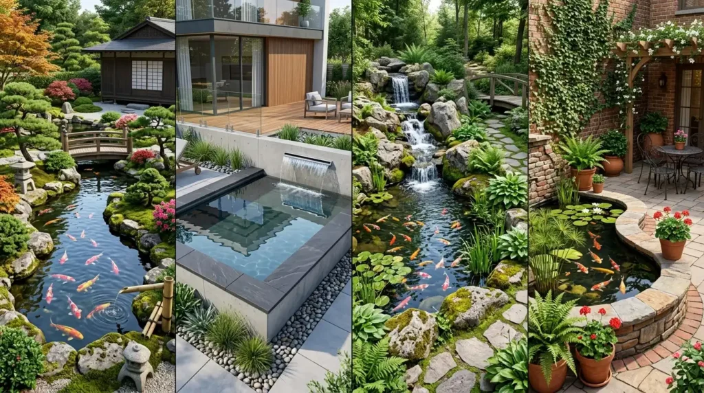 Four koi pond designs displayed