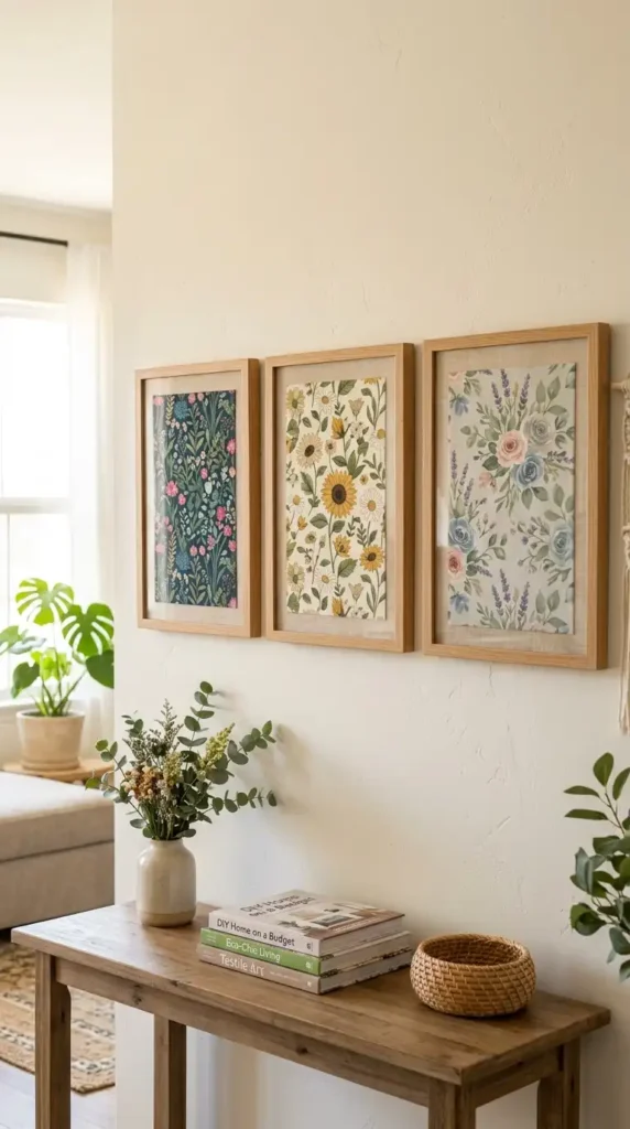 Framed fabric art on wall