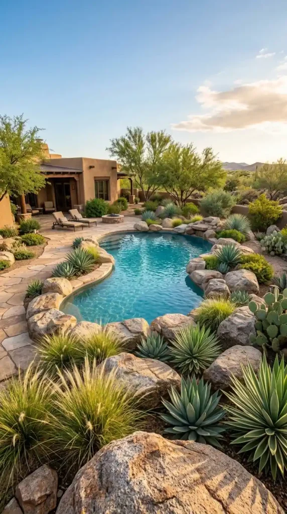Freeform pool with boulders