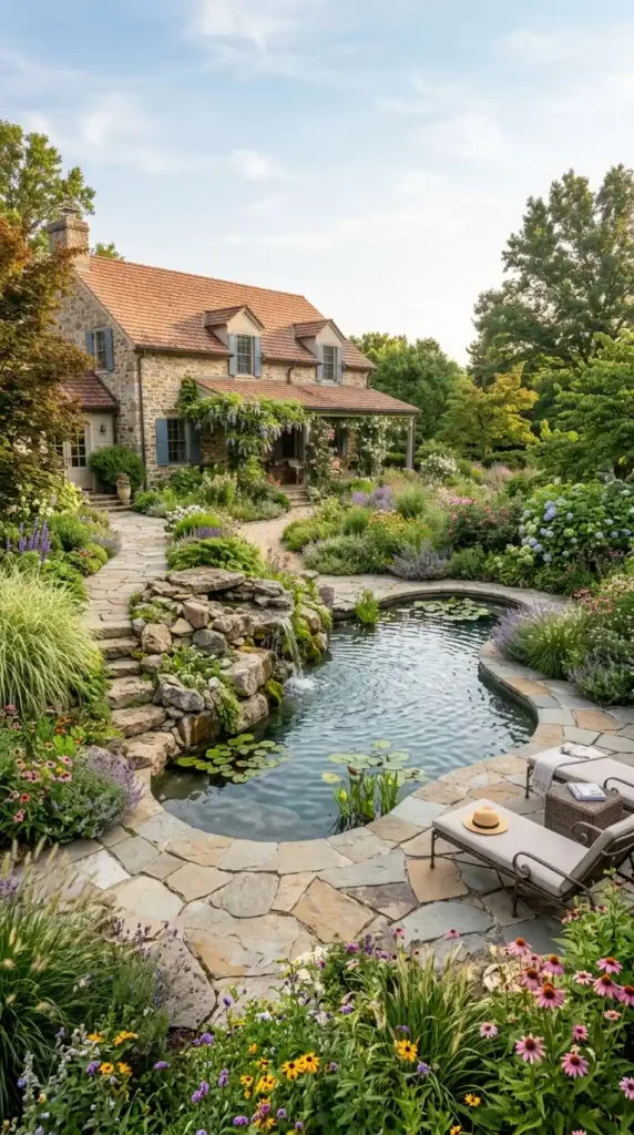 Freeform pool with waterfall