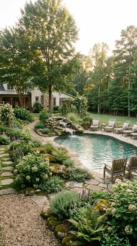 French country pool waterfall