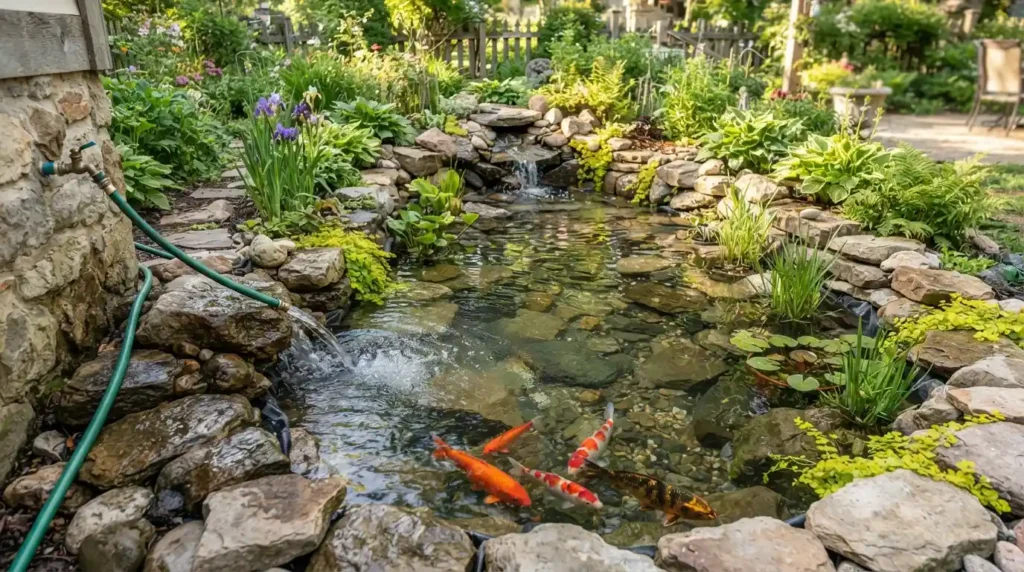 Garden hose filling koi pond
