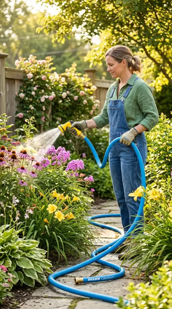 Gardener using colorful hose
