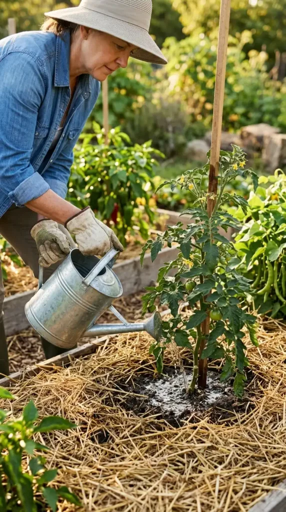 Gardener watering tomato plant