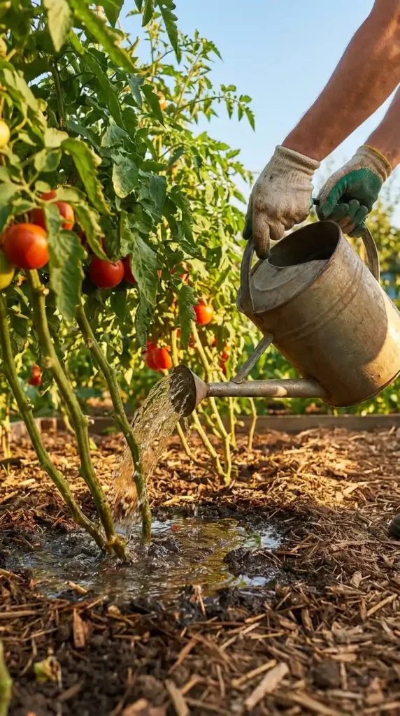 Gardener watering tomato plants