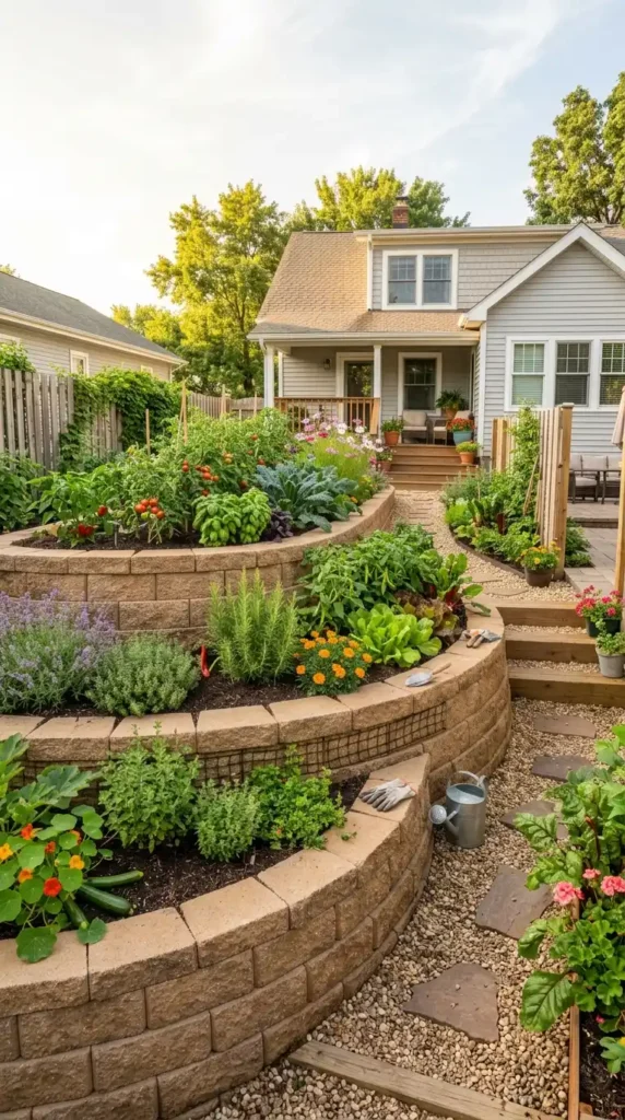 Geogrid retaining wall terraced