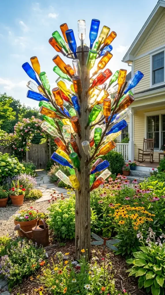 Glass bottle tree in garden