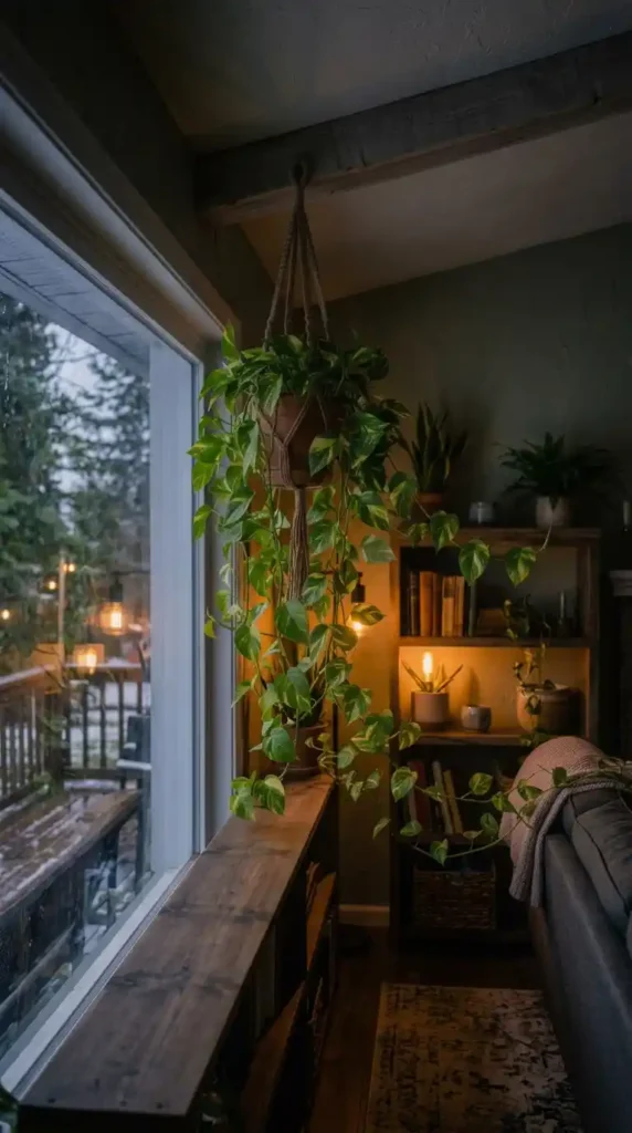 Golden pothos plant trailing basket