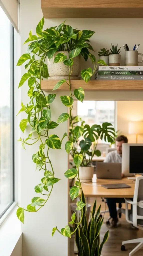 Golden pothos plant trailing shelf