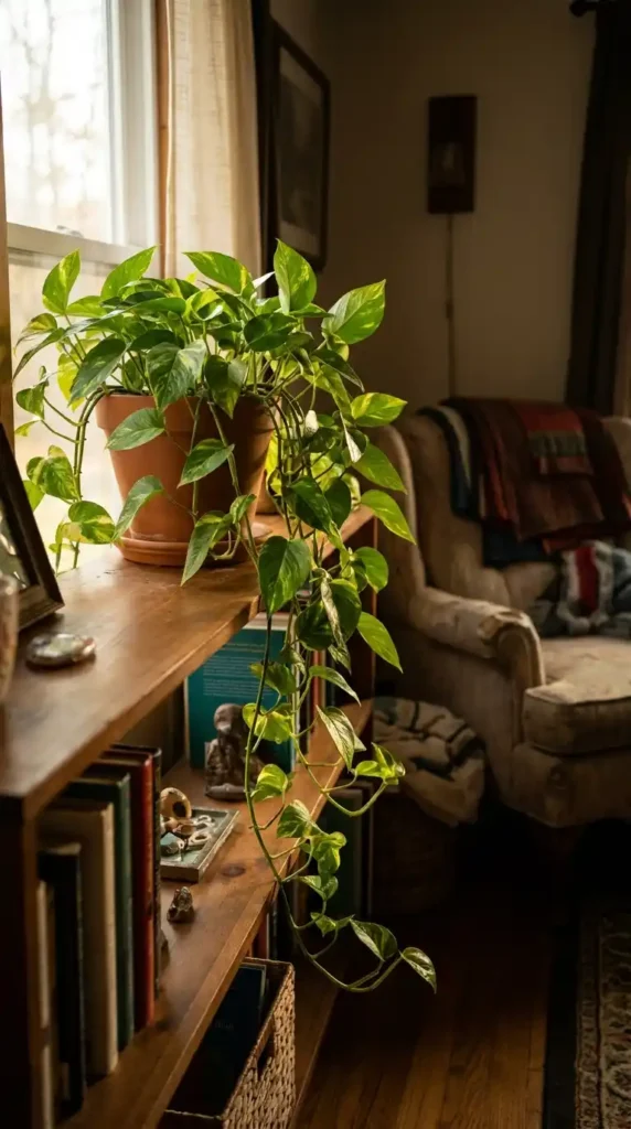 Golden pothos trailing from shelf