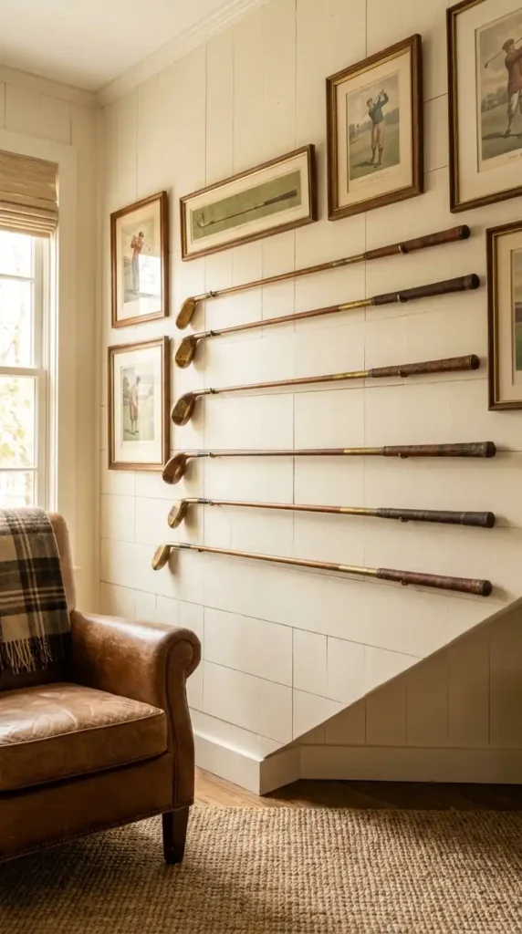 Golf clubs on nursery wall