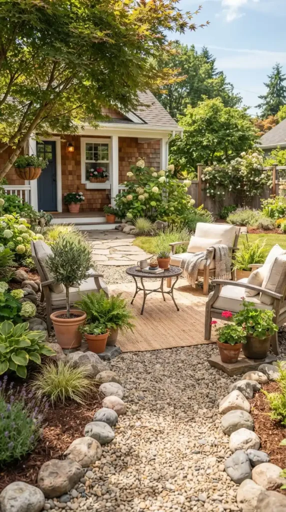Gravel patio with seating area