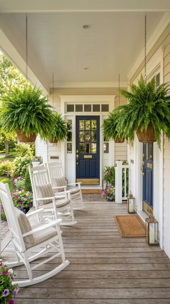 Hanging Boston ferns on porch