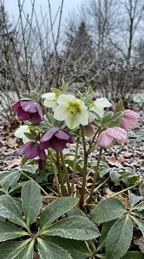 Hellebores blooming in late winter