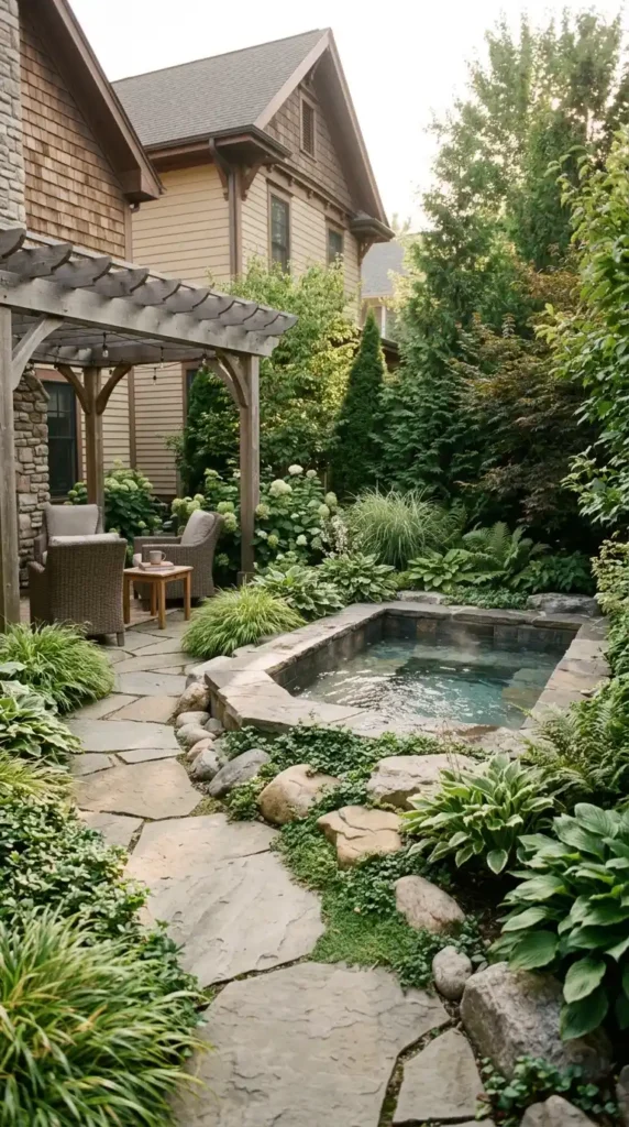 Hot tub surrounded by stone