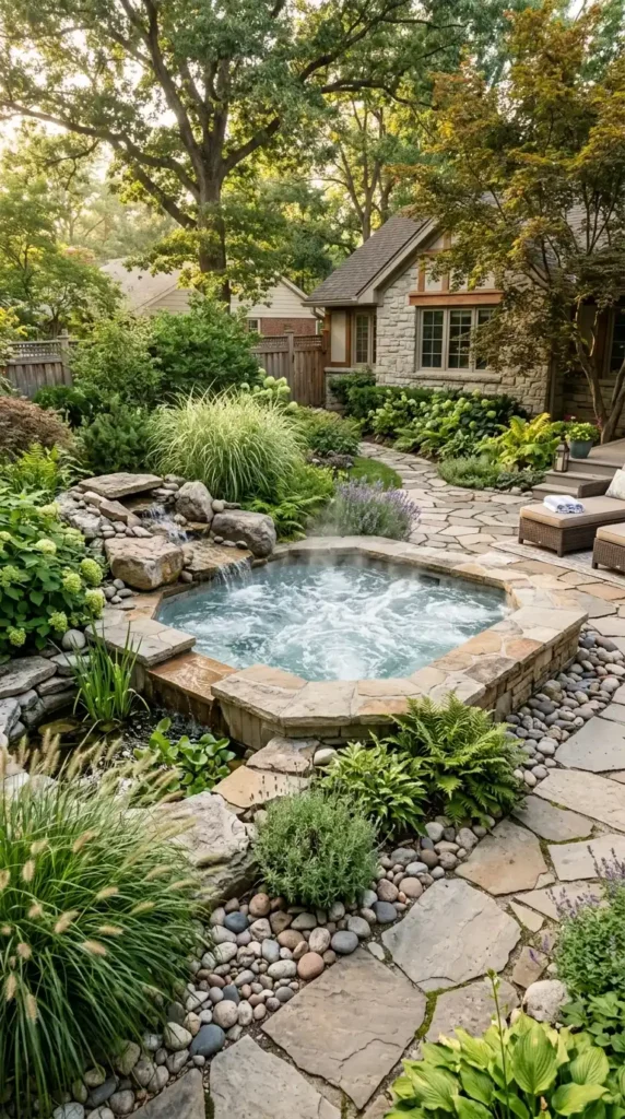 Hot tub surrounded by stone