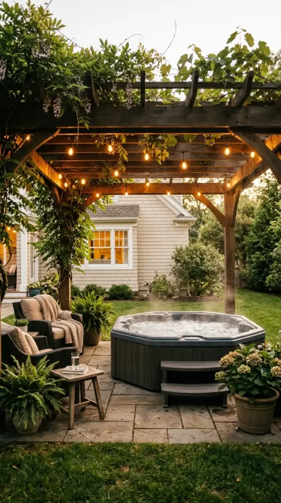 Hot tub under pergola lights