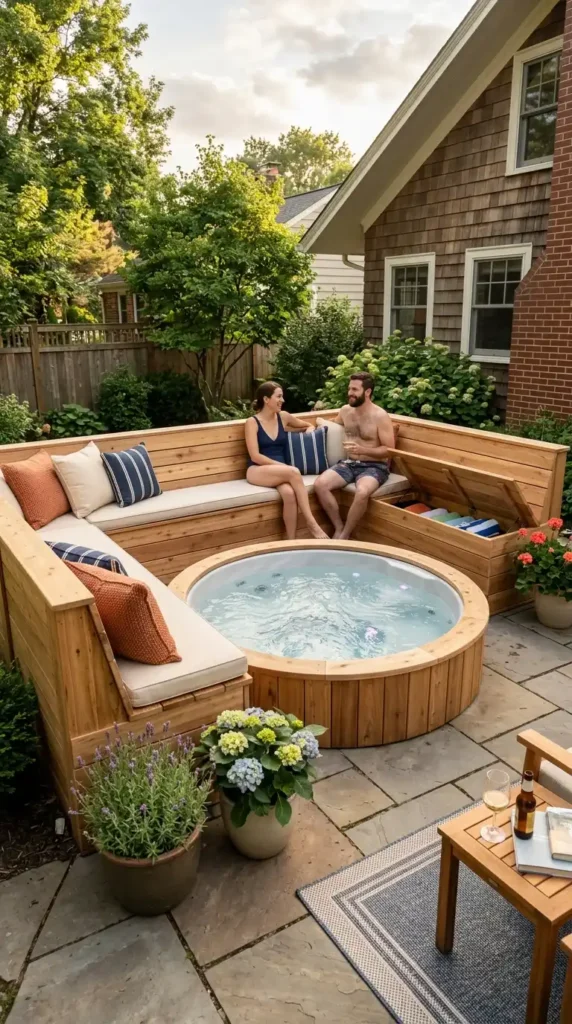 Hot tub with built-in benches