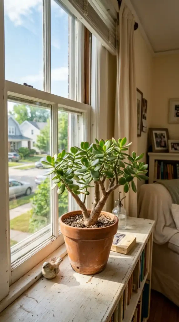 Jade plant in pot windowsill